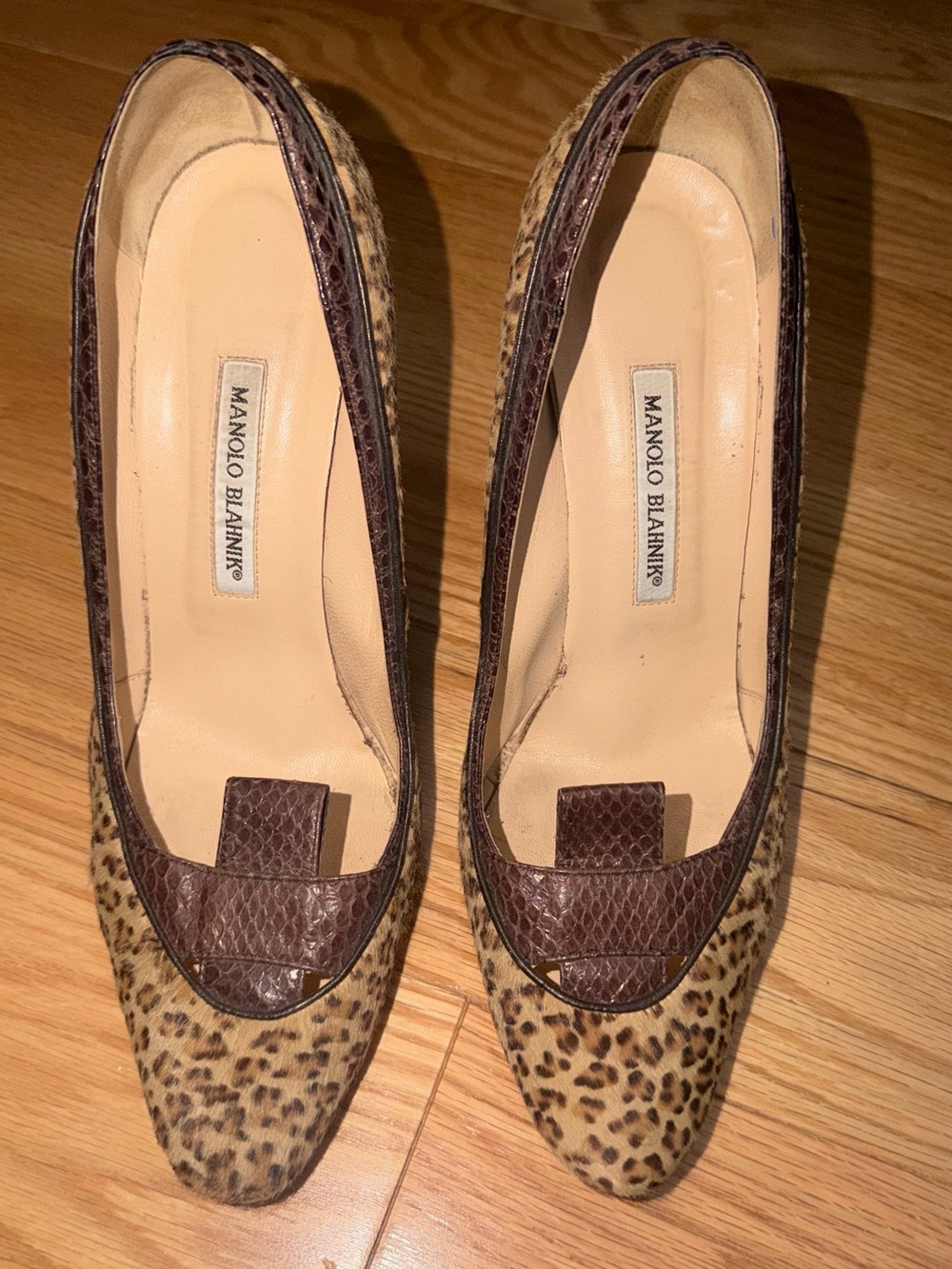 Manolo Blahnik Leopard Print Pointed Toe Pumps with Brown Trim - Picture 2 of 6